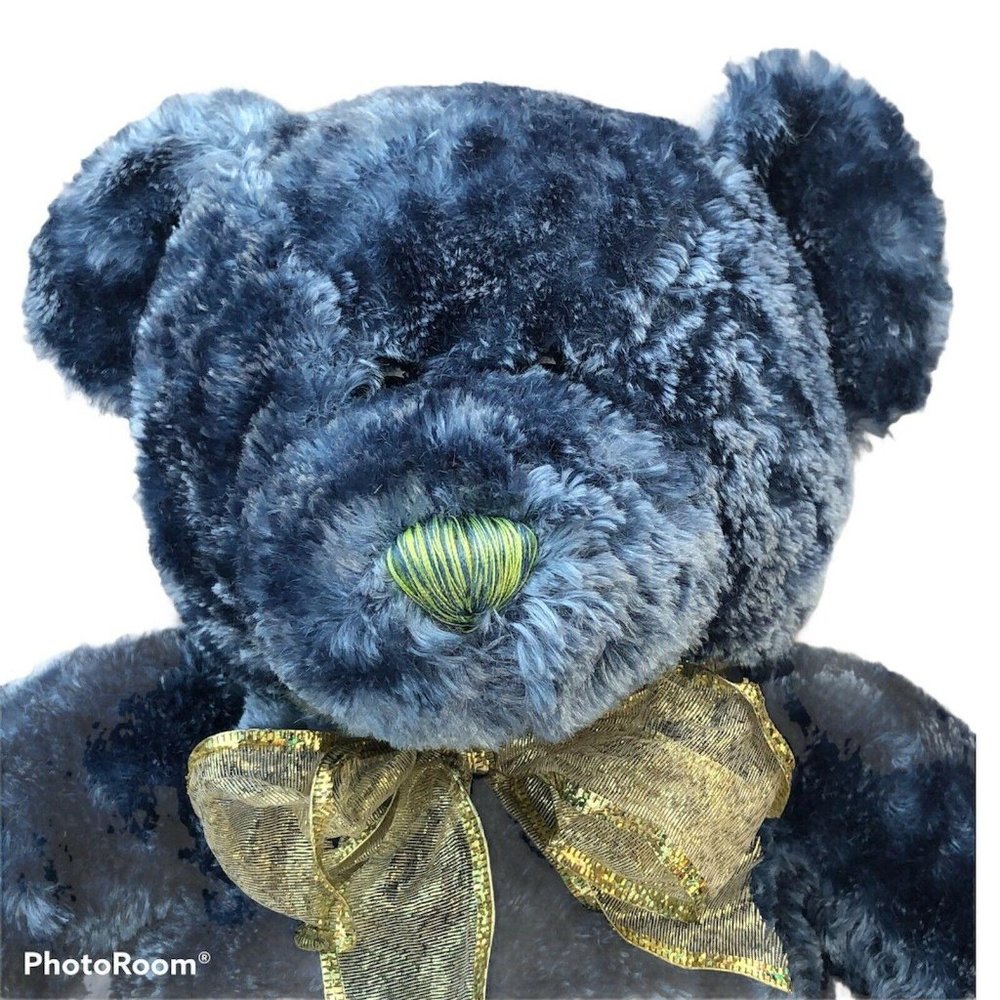Dan Dee 1990s Blue Stuffed Teddy Bear Plush 15" Button Eyes Gold Neck Bow